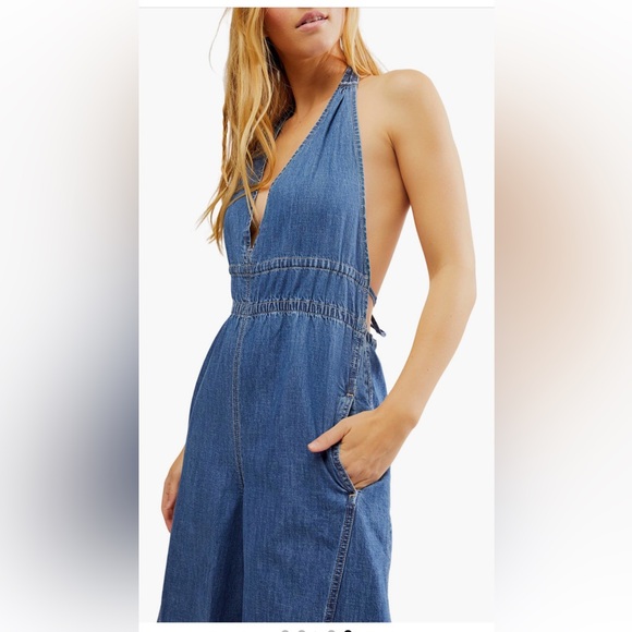 NWOT Free People Sunrays Denim Halter Jumpsuit - Picture 4 of 9